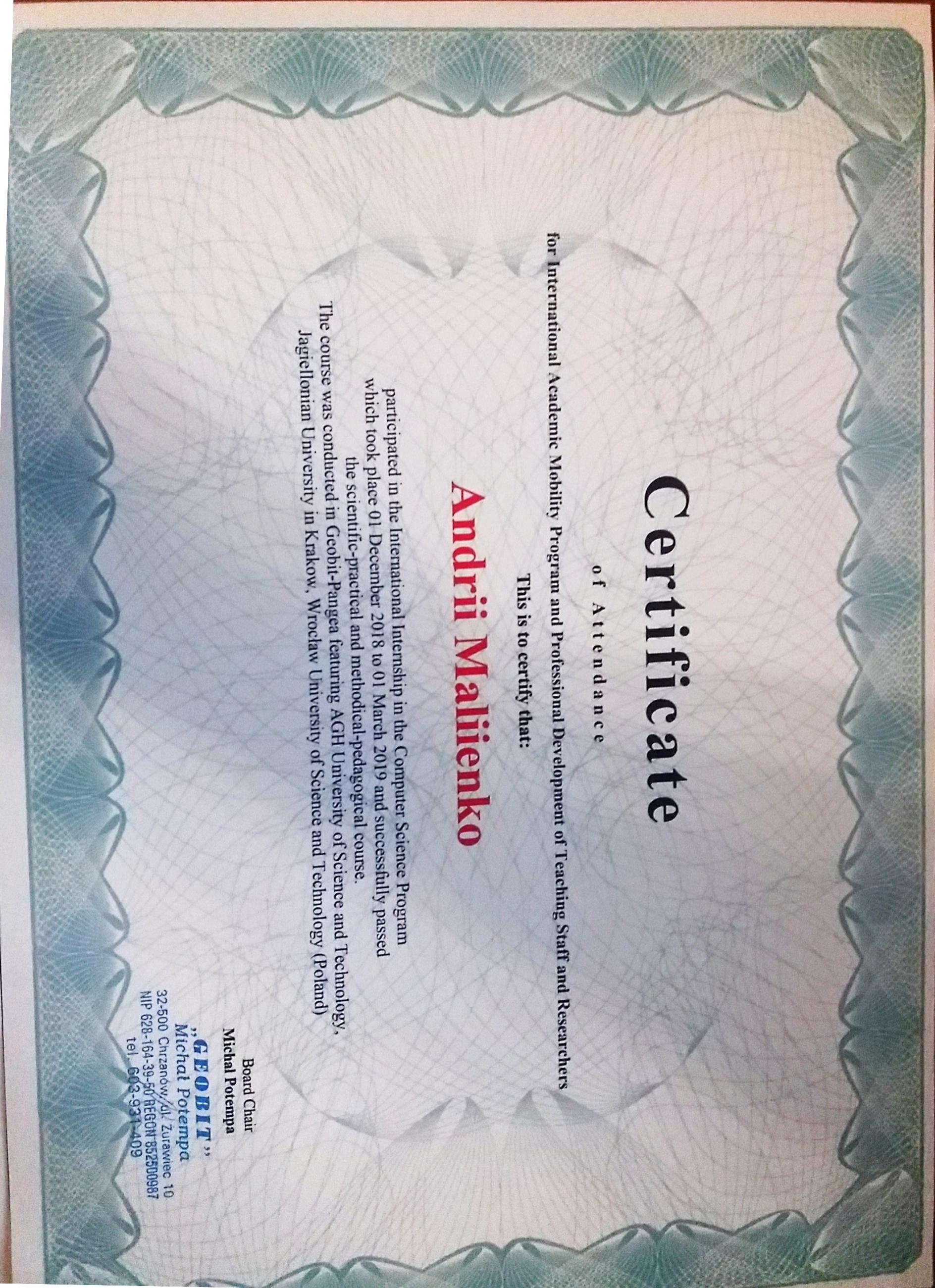 CERTIFICATE is issued to: Malienko Andrii